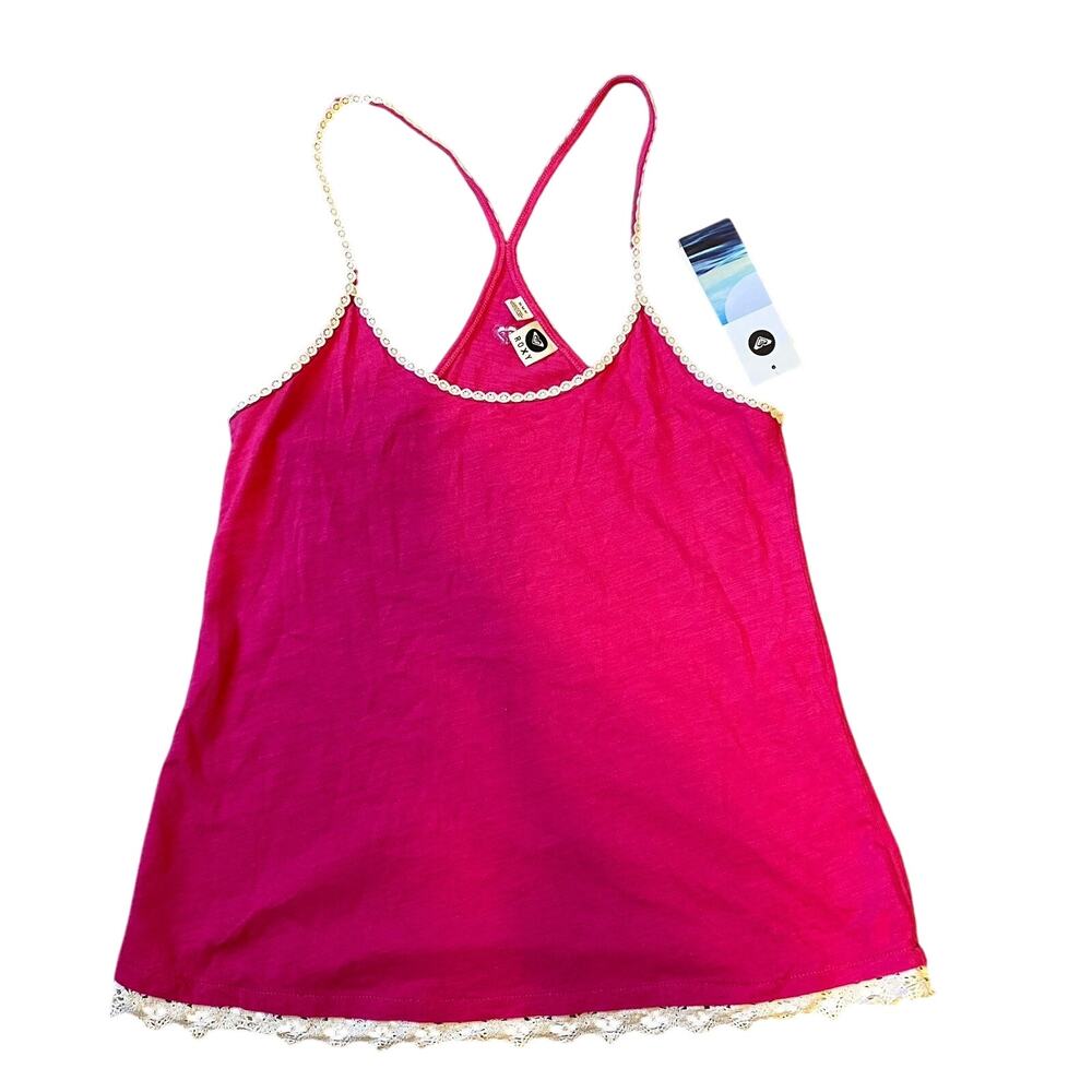 New Y2K Roxy Lace Trim Tank Top Fuchsia Pink Logo Preppy Beachy Summer
